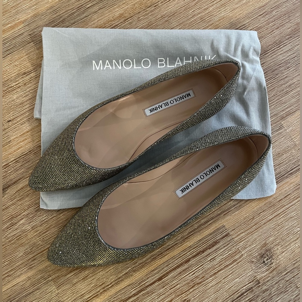 Manolo Blahnik 35.5 Titto Glitter Gold Flat